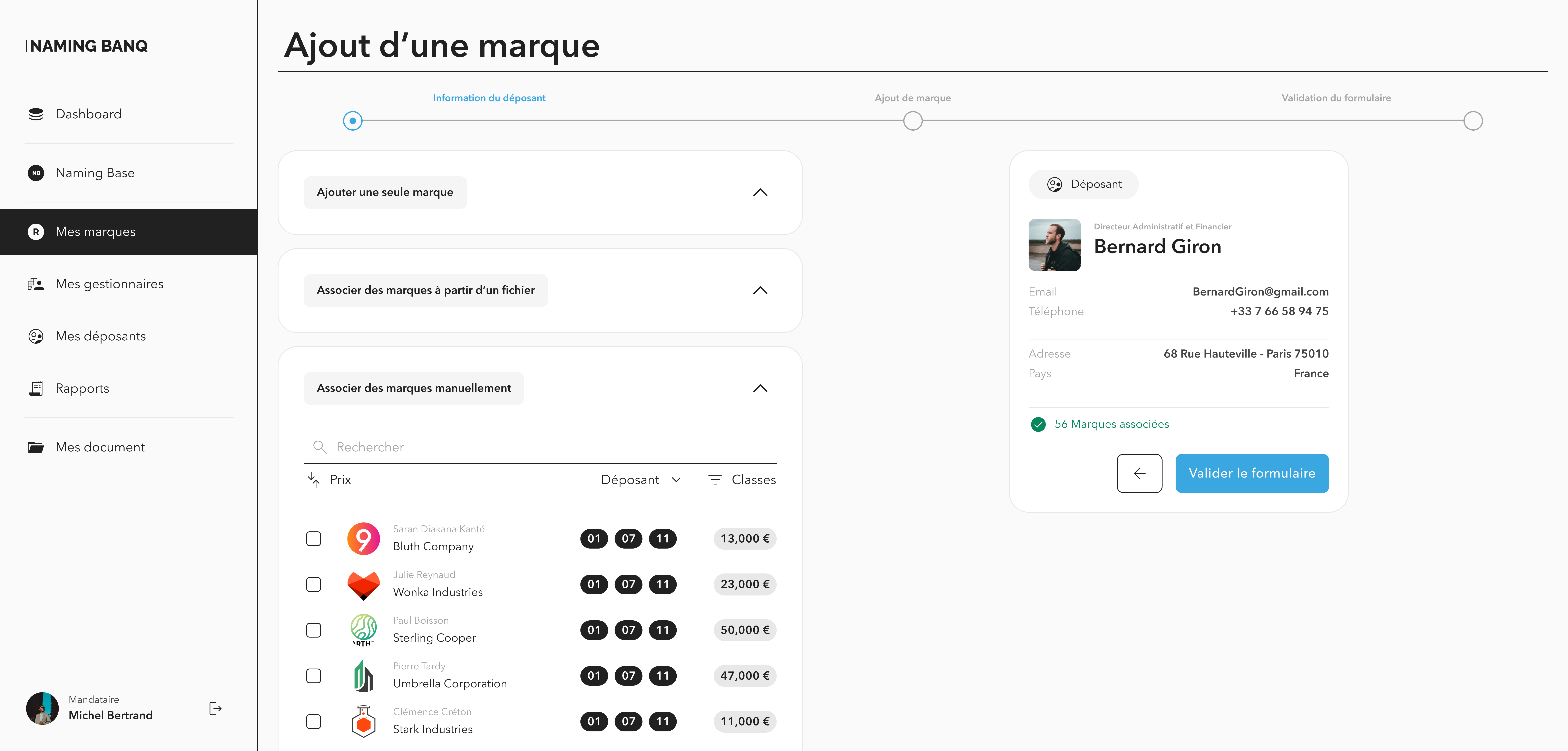 Accès à une page dédiée pour gérer votre portefeuille de marques clients